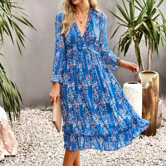 Long sleeve Floral print Frill Trim Flounce Ruffle Hem midi Dress dark blue - Picture 1 of 7